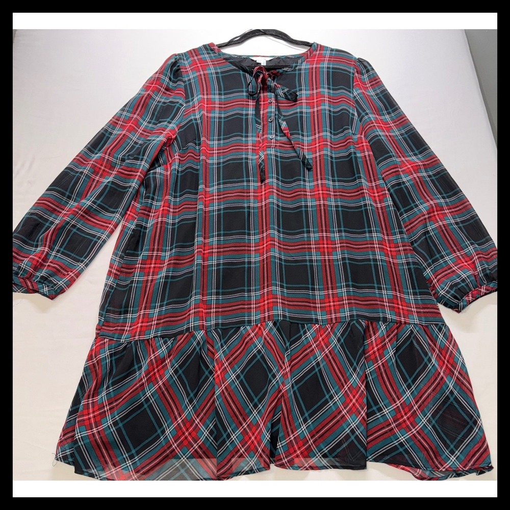 Draper James Dress Womens XXL Red Plaid Tie Neck Drop Hem Holiday Festive